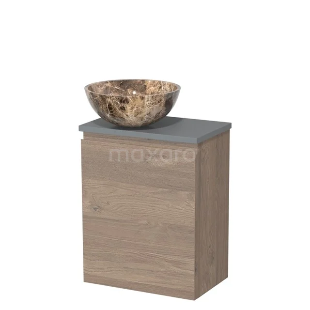 Toiletmeubel met waskom | 41 cm Middenbruin eiken Greeploos front Dark emperador Natuursteen waskom Middengrijs blad TMK10-11536