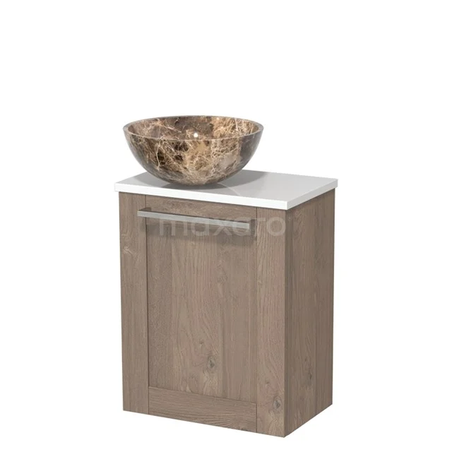 Wooden bathroom cabinet with marble-look basin, compact design and artificial marble worktop, perfect for modern bathroom design.
