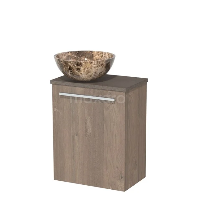 Toiletmeubel met waskom | 41 cm Middenbruin eiken Vlak front Dark emperador Natuursteen waskom Donkerbruin eiken blad TMK10-11577