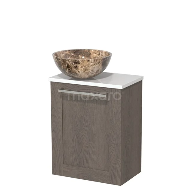 Toiletmeubel met waskom | 41 cm Donkerbruin eiken Kader front Dark emperador Natuursteen waskom Hoogglans wit blad TMK10-11610