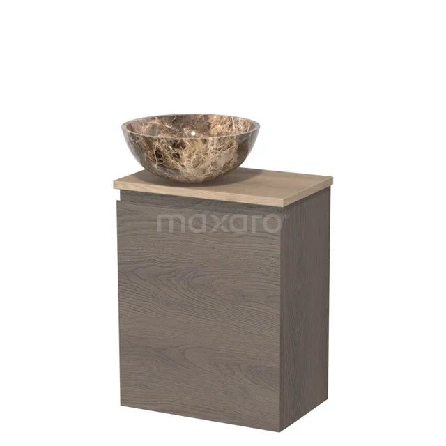 Toiletmeubel met waskom | 41 cm Donkerbruin eiken Greeploos front Dark emperador Natuursteen waskom Lichtbruin eiken blad TMK10-11639