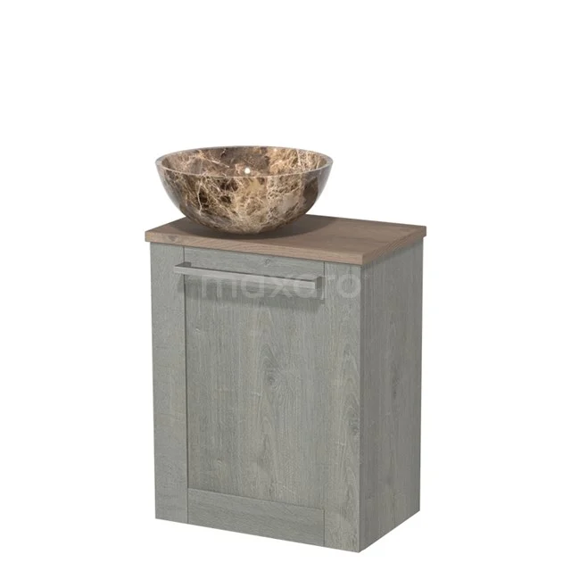 Grey wooden bathroom cabinet with drawer, natural stone countertop wash basin and modern finish, ideal for space saving in the bathroom.