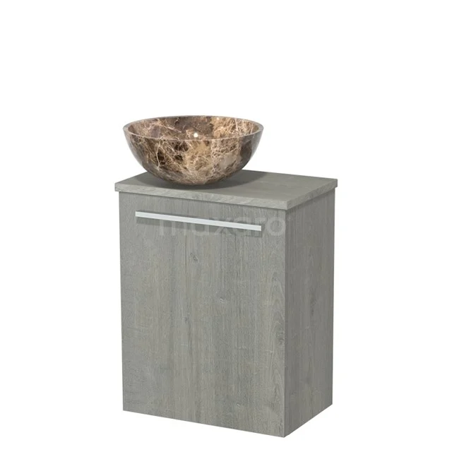 WC-Möbel mit Aufsatzwaschbecken | 41 cm Graue Eiche Glatte Front Dark emperador Becken aus Naturstein Platte aus grauer Eiche TMK10-11691 Grauer Holz-Badschrank mit Natursteine Aufsatzwaschbecken, modernes Design mit klaren Linien und praktischem Stauraum.