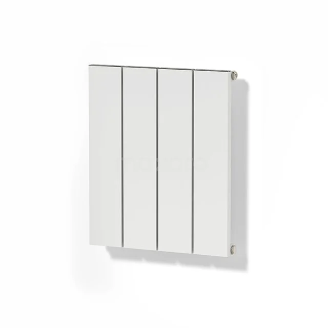 Weiße vertikale Badezimmerheizung mit schlanken Paneelen, modernem Design und energieeffizienter Aluminiumkonstruktion.