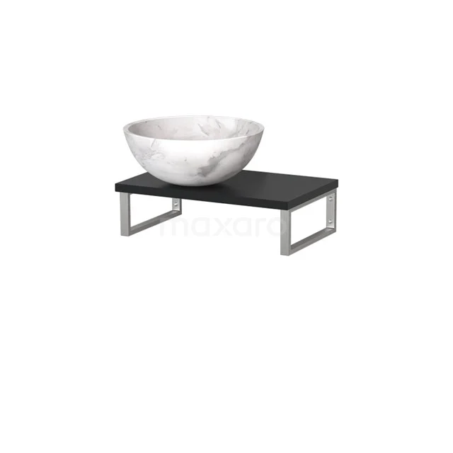 Modulo Pico Waschtischplatte mit Aufsatzwaschbecken | 41 cm Matt Schwarz Weißer Marmor Naturstein TMK01-00457 Weiße Marmor Aufsatzwaschbecken auf schwarzem Holzbrett mit Metallrahmen, stilvolle Ergänzung zu einem modernen Badezimmer.
