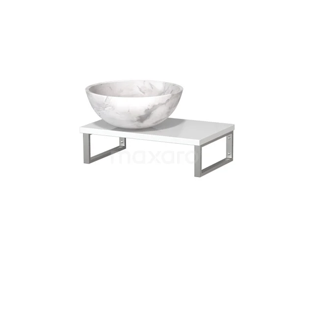 Modulo Pico Waschtischplatte mit Aufsatzwaschbecken | 41 cm Hochglanz Weißer Marmor Naturstein TMK01-00460 Weißes Marmor Aufsatzwaschbecken auf einem modernen rechteckigen Badmöbel mit Metallbeinen, ideal für stilvolle Badezimmerinterieurs.