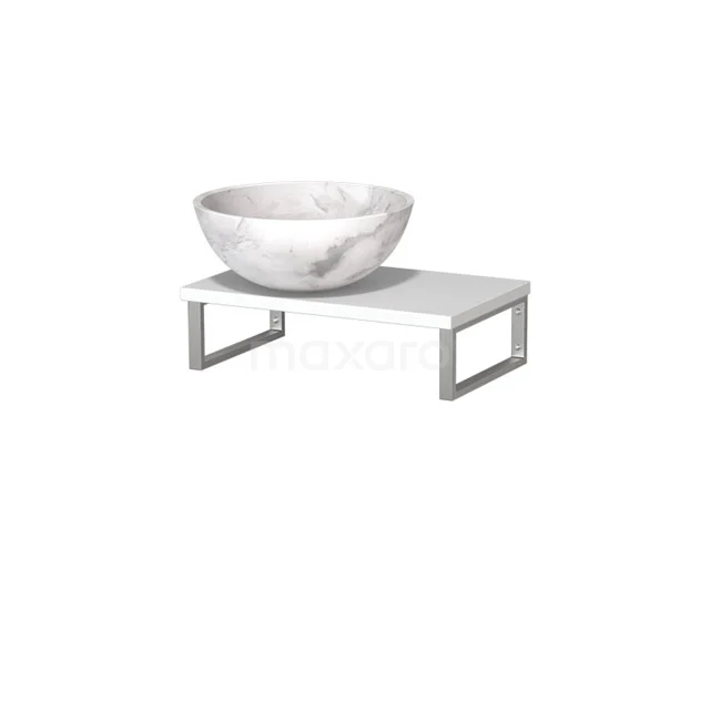 Weißes Marmor-Aufsatzwaschbecken auf straffem Metallgestell, ideal als stilvolles Badezimmeraccessoire.