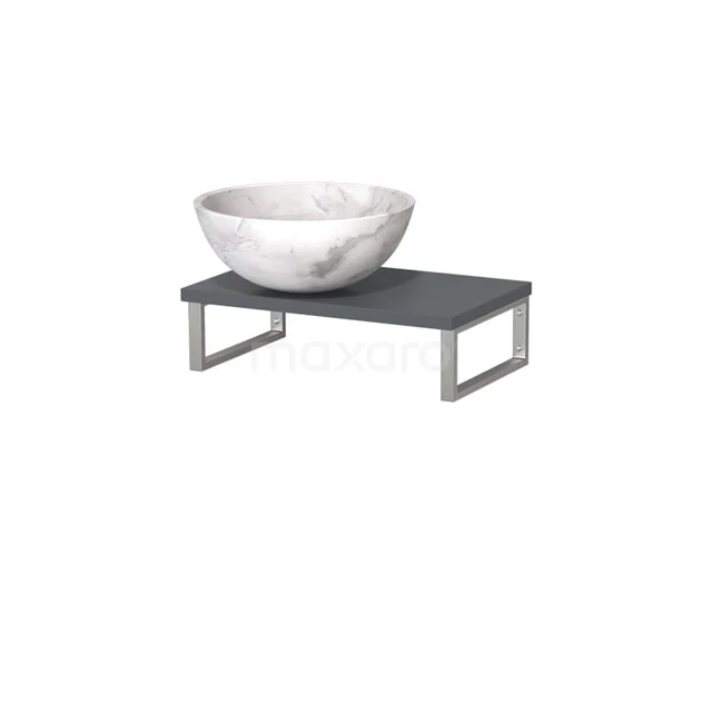 Modulo Pico Waschtischplatte mit Aufsatzwaschbecken | 41 cm Dunkelgrau Weißer Marmor Naturstein TMK01-00463 Weiße Marmor Aufsatzwaschbecken auf einem grauen Badezimmerregal mit metallischen Beinen, minimalistisches Design für moderne Bäder.