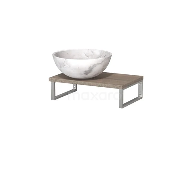 Weiße Marmor-Waschbecken-Schale auf robuster Holzplatte mit Metallgestell, ideal für eine moderne Badezimmer-Einrichtung.