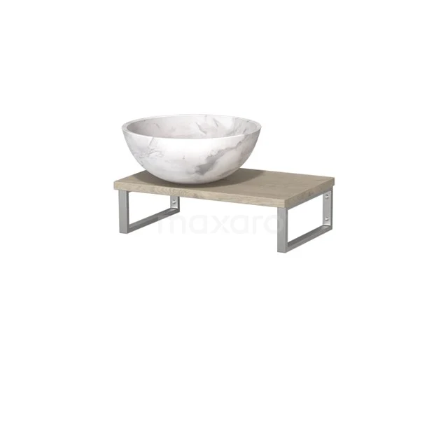 Waschbecken-Set mit runder Marmor-Schüssel auf Holzplatte mit Metallrahmen, ideal als modernes Badezimmeraccessoire.