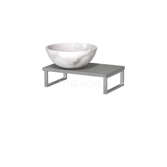 Witte marmeren waskom op een grijs houten plankje met metalen frame, stijlvolle toevoeging aan moderne badkamerinrichting.
