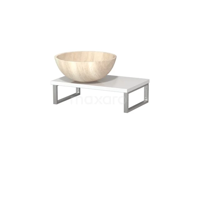 Beige Natursteine Aufsatzwaschbecken auf einem minimalistischen weißen Badezimmermöbel mit metallischen Beinen. Modernes Design für ein stilvolles Badezimmer.