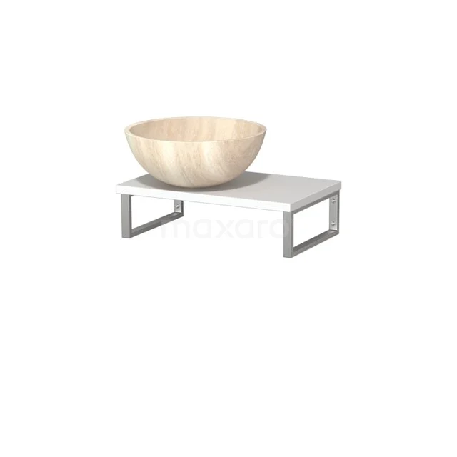 Holz runde Aufsatzwaschbecken auf einem weißen Waschbecken mit Metallrahmen, ideal für eine moderne Badezimmergestaltung.