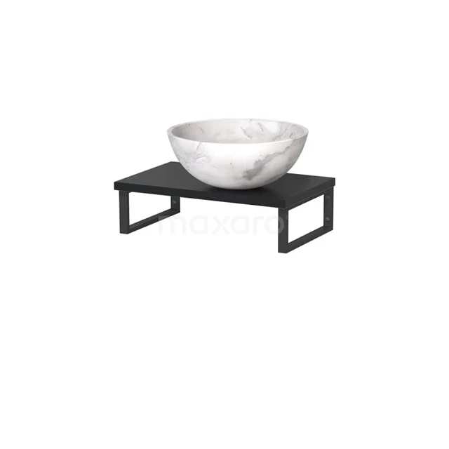 Modulo Pico Waschtischplatte mit Aufsatzwaschbecken | 41 cm Matt Schwarz Weißer Marmor Naturstein TMK01-00508 Weißes Marmor Aufsatzwaschbecken auf schwarzer Metall Waschtischplatte, modernes Design ideal für stilvolle Badezimmer Renovierungen.