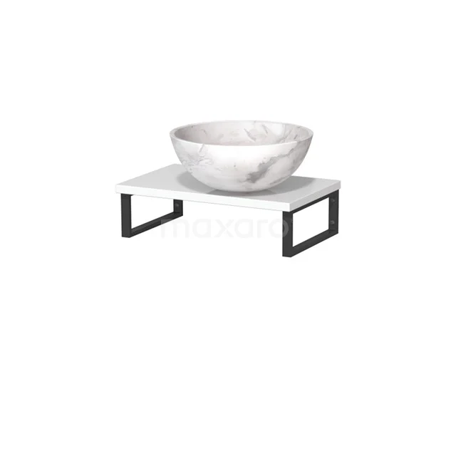 Wit marmeren wastafelkom op een zwart metalen frame, modern badkamerdesign, ideaal voor een stijlvolle wastafelopstelling.