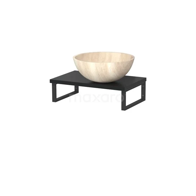 Beige Natursteine Aufsatzwaschbecken auf Schwarz Metall Waschbeckenplatte, ideal als stilvolle Blickfang in modernen Bäder.