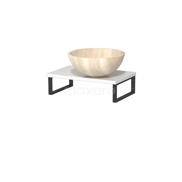 Modulo Pico Aufsatzwaschbeckenplatte mit Waschbecken | 41 cm Hochglanz Weiß Travertin Naturstein TMK01-00528 Hölzerne Waschbecken-Schüssel auf einer weißen Marmorplatte mit schwarzen Metallbeinen, modernes Badezimmerdesign.