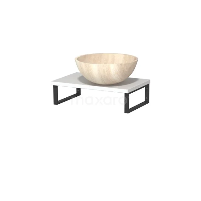 Modulo Pico Waschtischplatte mit Aufsatzwaschbecken | 41 cm Matt Weiß Travertin Naturstein TMK01-00530 Holz Aufsatzwaschbecken auf weißem Regal mit Schwarz Metallrahmen, minimalistisches Badezimmeraccessoire für einen modernen Look.