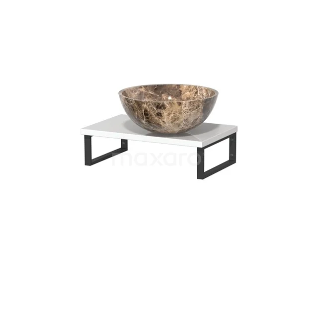 Aufsatzwaschbecken Naturstein braun auf weißem keramischen Platte mit schwarzem Metallrahmen, stilvolle Ergänzung für modernes Badezimmer.