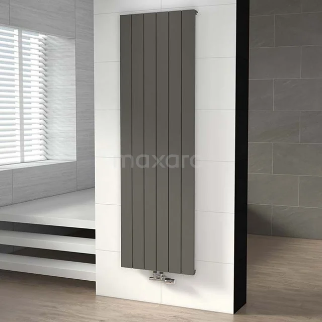Grauer vertikaler Design-Heizkörper aus Aluminium, moderner Stil, ideal für effiziente Heizung im Badezimmer.