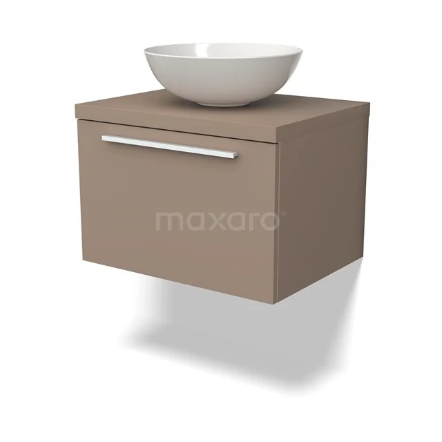 Modulo Plato Badmöbel mit Aufsatzwaschbecken | 60 cm Taupe Flach front Taupe blatt 1 Schublade BMK11-01962 Hängendes Badmöbel in Taupe mit einem weißen Aufsatzwaschbecken und Schublade, modernes Design, ideal für stilvolle Bäder.