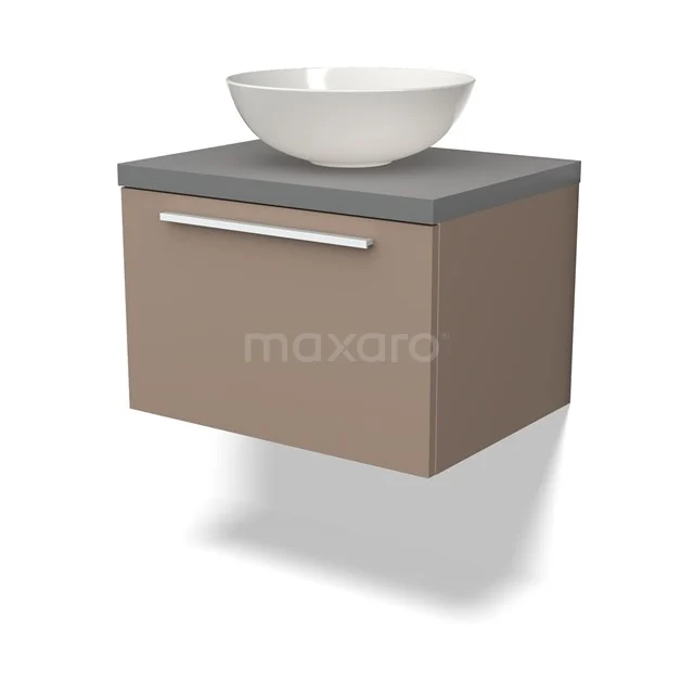 Zweites Badezimmermöbelset in Taupe mit einem keramischen Aufsatzwaschbecken und grauer Platte, modernes Design mit Schublade und schickem Haltegriff.