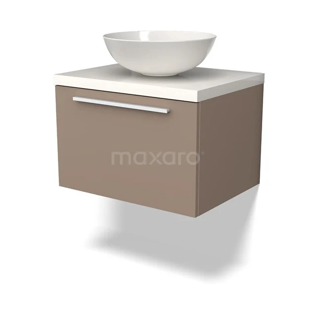 Braunes hängendes Badezimmermöbel mit weißem Solid Surface Aufsatzwaschbecken, modernes Design und minimalistischer rechteckiger Schublade.