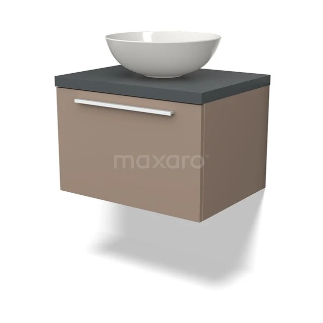 Wandhängendes Badezimmermöbel mit beiger Kaste, schwarzer Waschtischplatte und runder weißer Aufsatzwaschbecken, modernes Design.