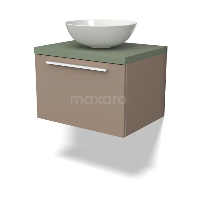 Waschtischunterschrank mit Konsole BMK11-01969 Wandhängendes Badezimmermöbel in Taupe mit grünem Waschtischplatte und weißem runden Aufsatzwaschbecken, modernes Design.