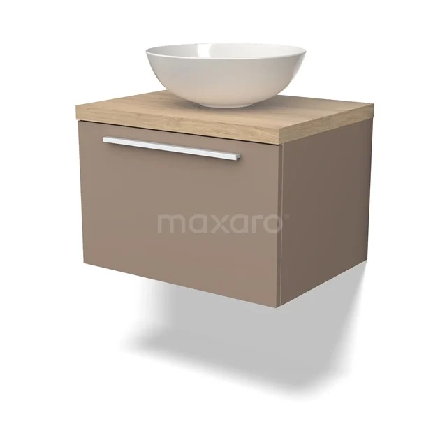 Hängendes Badezimmermöbel Taupe mit Schublade, Holzoptik Platte und weißem keramischen Aufsatzwaschbecken, modernes Design.