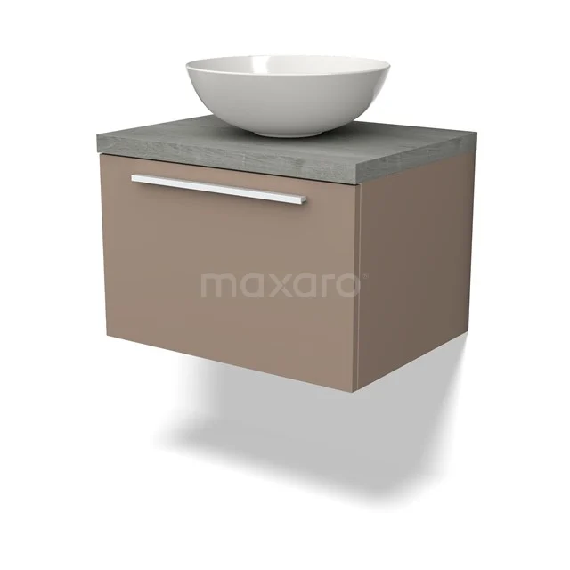 Modulo Plato Badmöbel mit Aufsatzwaschbecken | 60 cm Taupe Flach front Graue Eiche blatt 1 Schublade BMK11-01976 Hängendes Badezimmermöbel Taupe mit grauer Waschtischplatte und runder weißer Aufsatzschale, modernes Design, sauber verarbeitet.