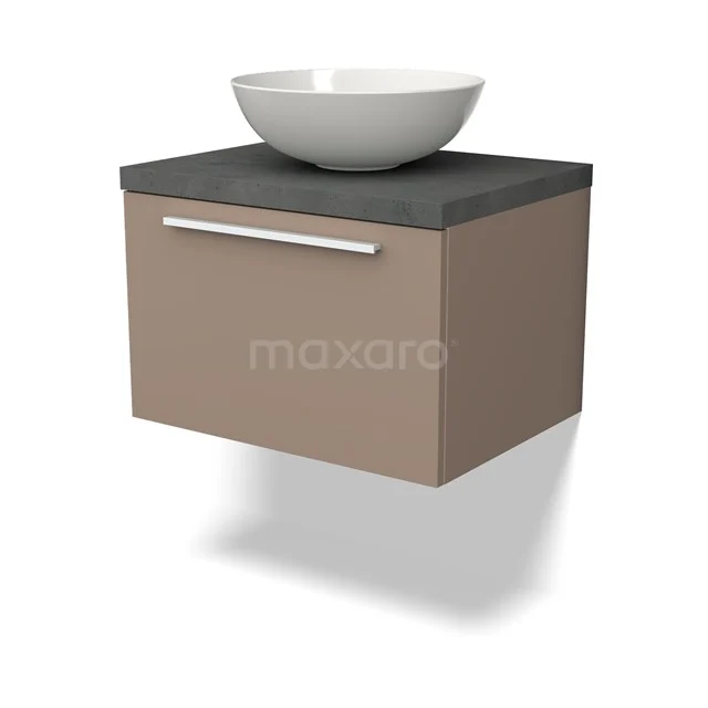 Hängendes Badezimmermöbel beige mit schwarzer Platte und weißem Becken, modernes Design aus Holz, ideal für kompakte Bäder.