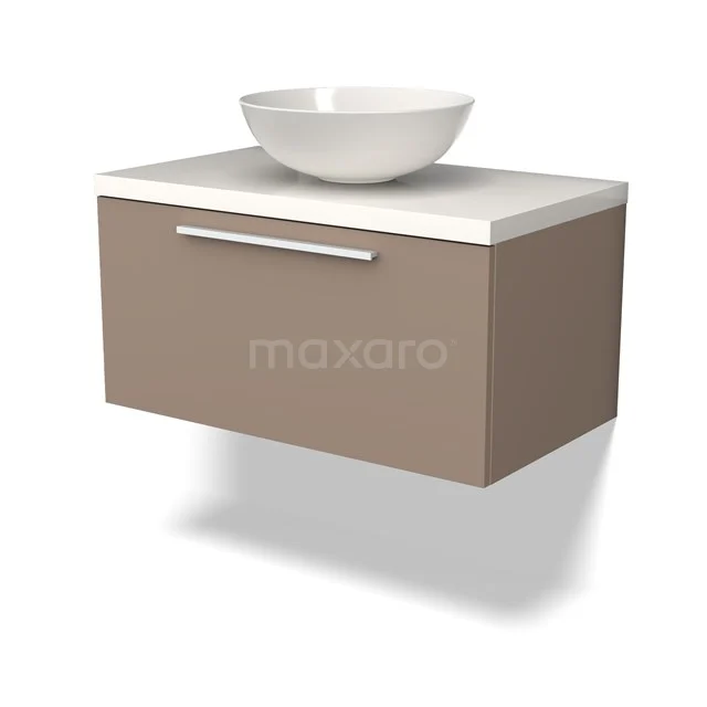 Wandhängendes Badmöbel in Taupe mit weißer Waschbecken, ausgestattet mit einem modernen Aluminiumgriff, geeignet für kleine Bäder.