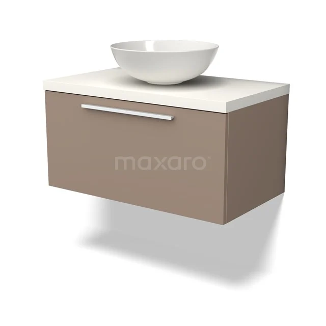 Wandhängendes Waschtischmöbel in Taupe mit weißem Keramikbecken, modernes Design und Chromgriff, ideal für ein stilvolles Badezimmer.