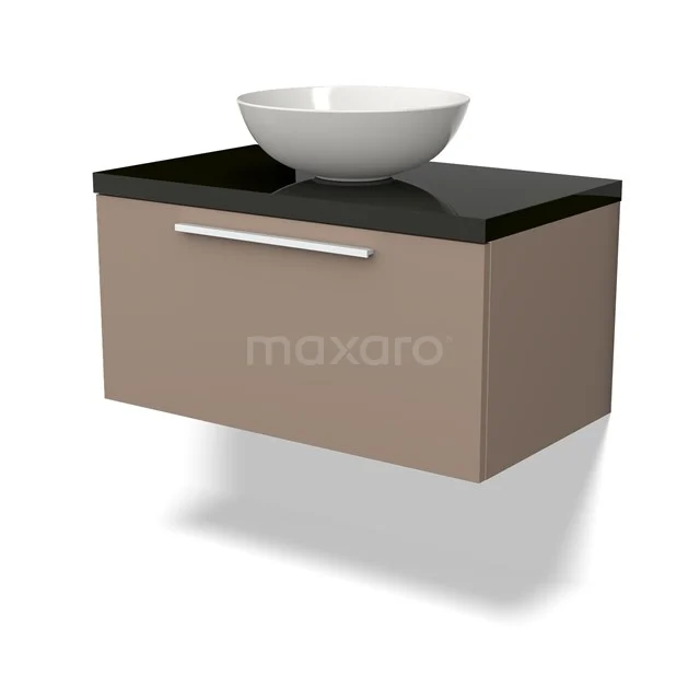 Wandhängendes Badmöbel, beige mit schwarzer Glasplatte und weißem runden Aufsatzwaschbecken, modernes Design für stilvolle Bäder.