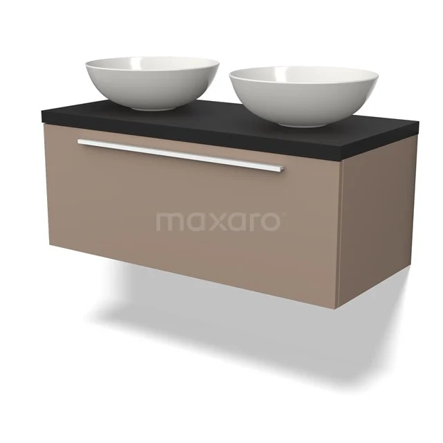 Beige Badmöbel mit Schwarz Platte und doppelten weißen Aufsatzwaschbecken, modernes Design, Wandmontage.