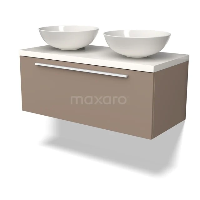 Sandfarbenes schwebendes Badezimmermöbel mit doppeltem weißen Aufsatzwaschbecken, modernes Design und Edelstahl-Griff.