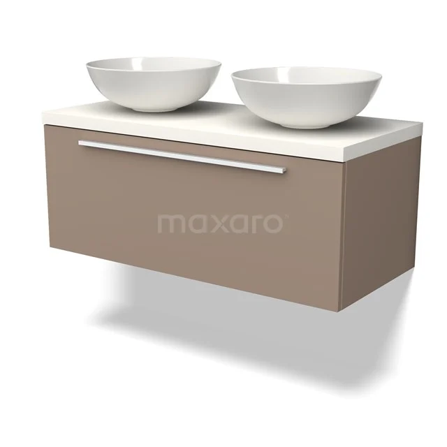 Wandhängendes taupe Badezimmermöbel mit doppelten weißen Aufsatzwaschbecken, moderne Serie mit metallischem Haltegriff.