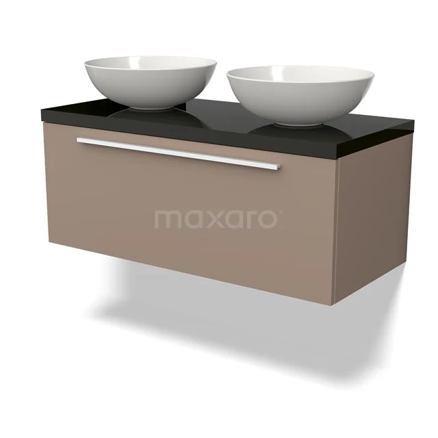 Braunes schwebendes Badezimmermöbel mit schwarzer Platte und zwei weißen Aufsatzwaschbecken, modernes Design für stilvolle Bäder.