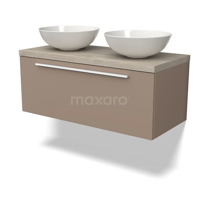 Waschtischunterschrank mit Konsole BMK11-02006 Gebürstetes Taupe Badmöbel mit doppelten Aufsatzwaschbecken, schwebendem Design und matter Oberfläche, ideal für ein modernes Badezimmer.