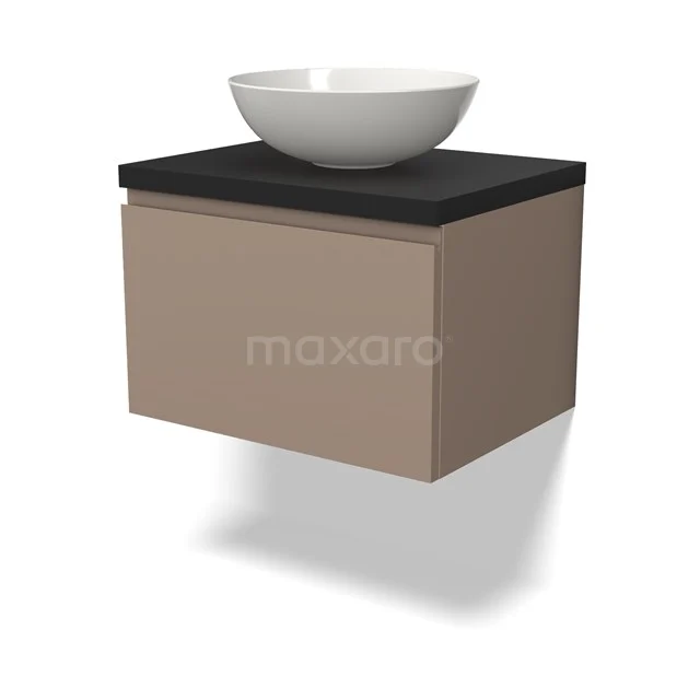 Waschtischunterschrank mit Konsole BMK11-02030 Beige schwebendes Badezimmermöbel mit schwarzer Waschtischplatte und weißer komförmiger Waschbecken, modernes Design.