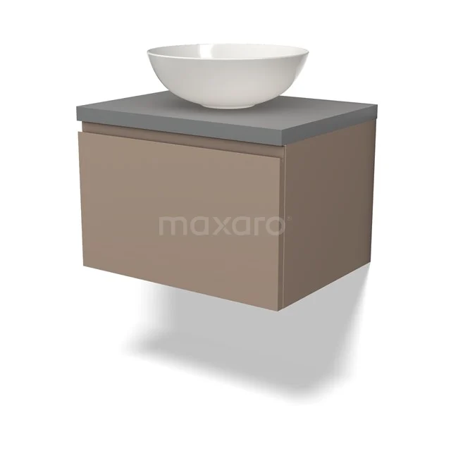 Beige hängendes Badezimmermöbel mit Betongrau Platte und weißem Aufsatzwaschbecken, modernes Design und platzsparend.