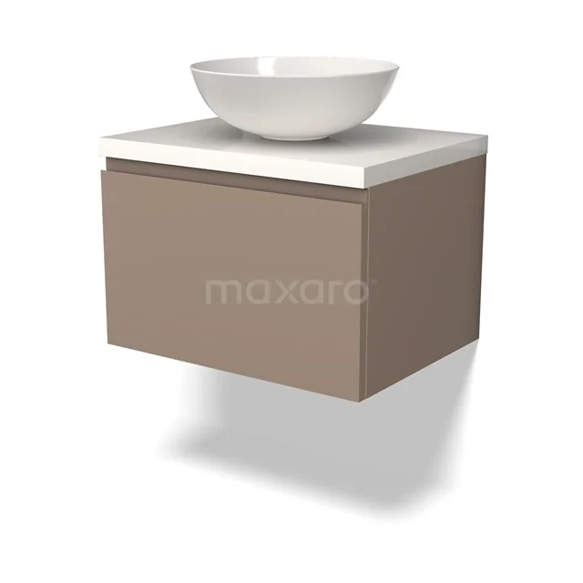 Wandmöbel mit Taupe Schublade, weißer Platte und rundem Aufsatzwaschbecken; stilvolle Ergänzung für moderne Badezimmergestaltung.