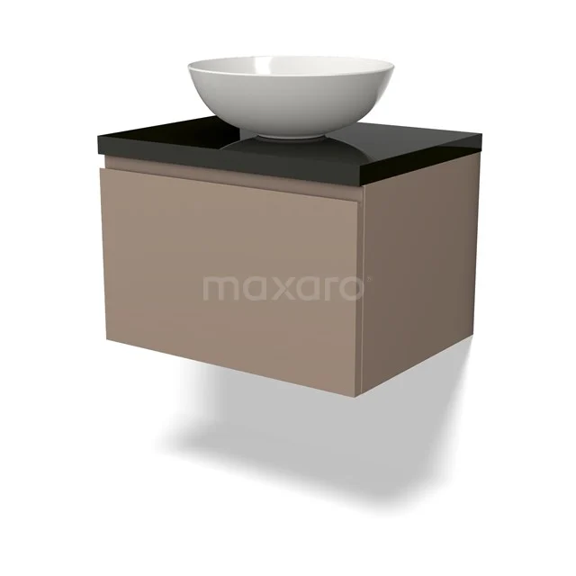 Beige schwebendes Badmöbel mit schwarzer Platte und weißem Aufsatzwaschbecken, moderne Ausführung für zeitgemäße Bäder.