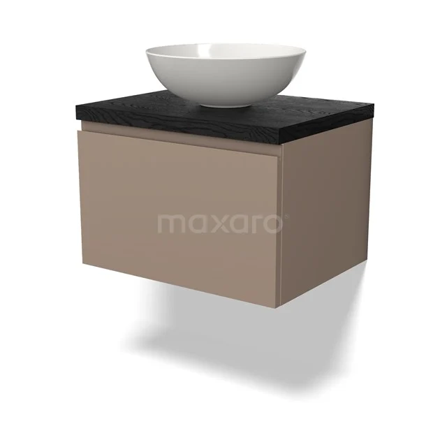 Wandmöbel beige mit schwarzer Platte und weißem rundes Waschbecken; modernes Badmöbel, ideale Kombination von Stil und Funktionalität.