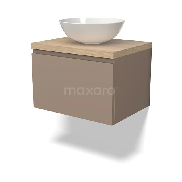 Beige schwebendes Badezimmermöbel mit Holzlook Platte und weißem runden Aufsatzwaschbecken, ideal für moderne Bäder.