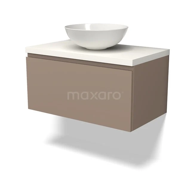 Wandhängendes Badezimmermöbel beige mit weißer Waschbecken, modernes Design, geeignet für kompakte und zeitgemäße Bäder.