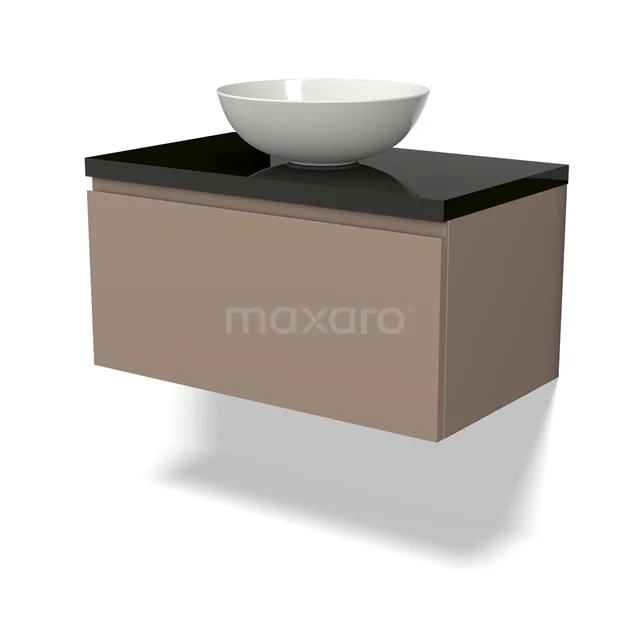 Waschtisch, beige Holzdesign, Schwarz Platte, mit weißem Aufsatzwaschbecken; klar und modern für eine stilvolle Badezimmerinrichtung.