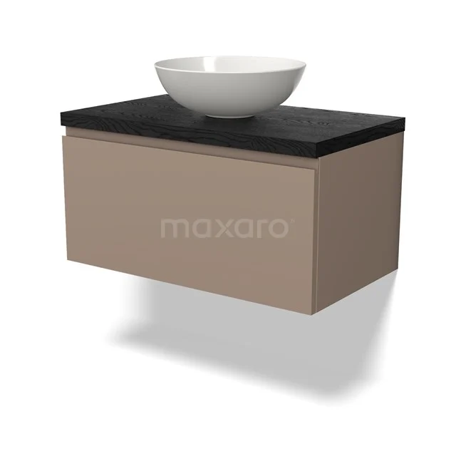 Beige badkamermeubel met zwarte wastafelblad en keramische waskom, modern zwevend ontwerp voor luxe badkamerinrichting.