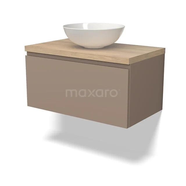 Hängendes Badmöbel mit beiger Schublade, Holzlook Platte und weißem Waschbecken, modernes Design für das Badezimmer.